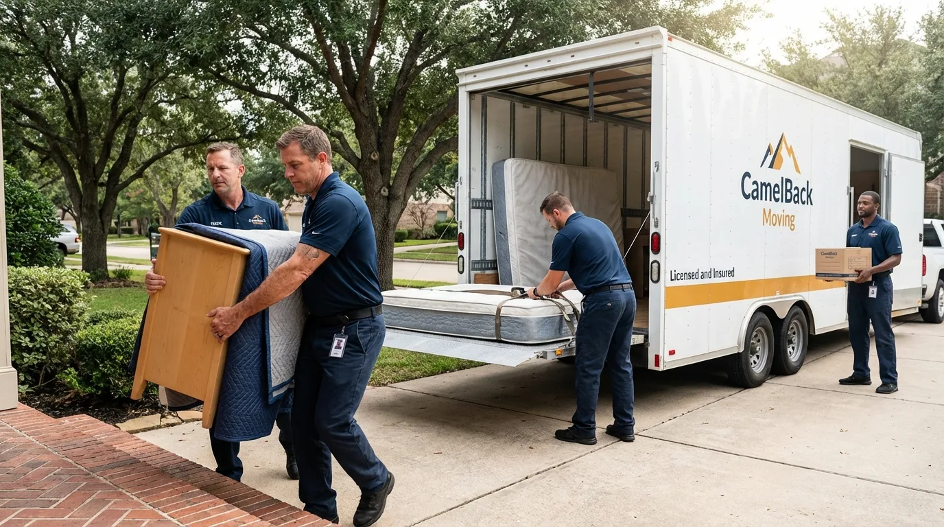 Crew loading residential truck for cross-state move from Dolgeville, NY