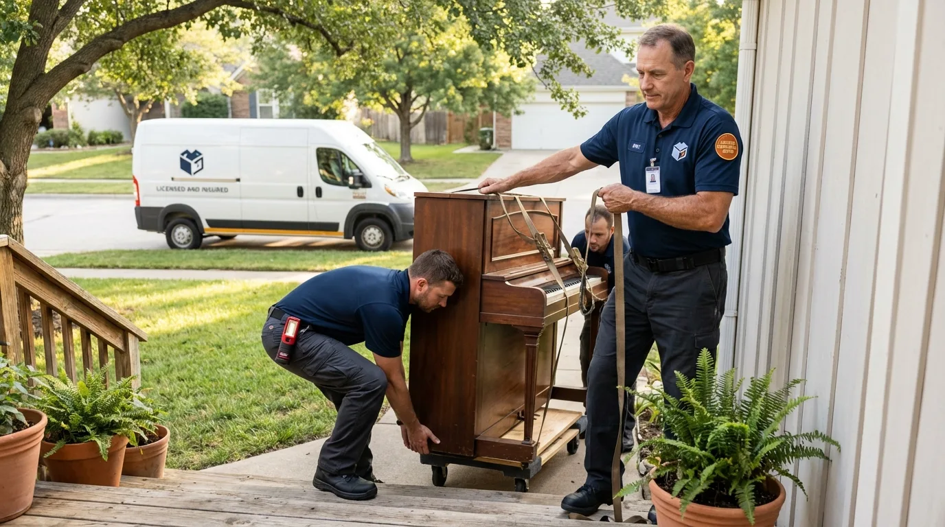 Licensed piano movers securing grand piano in Dolgeville, NY