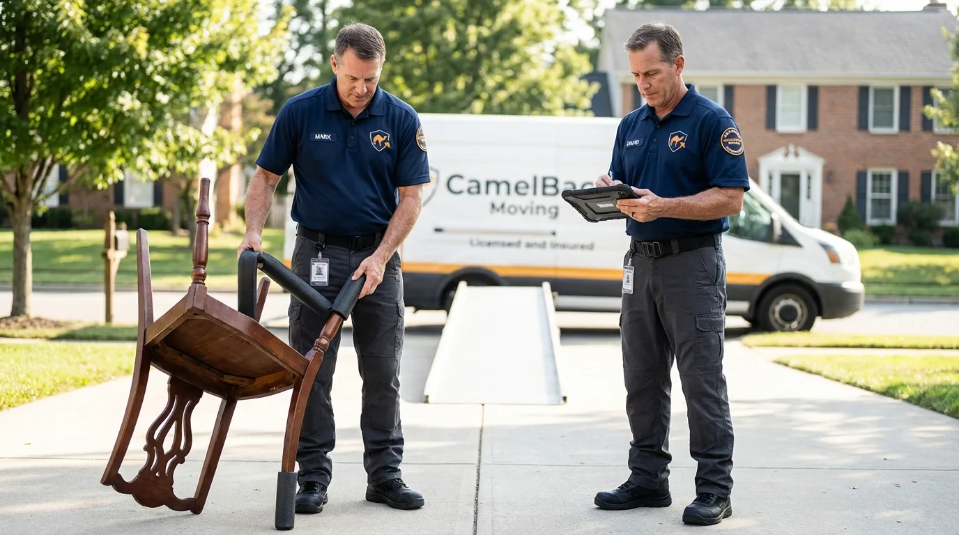 Movers inspecting furniture for damage prevention before loading in Dolgeville, NY