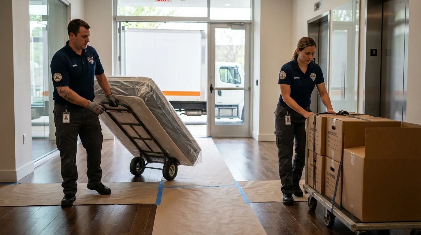 Professional apartment movers loading elevator in Dolgeville, NY