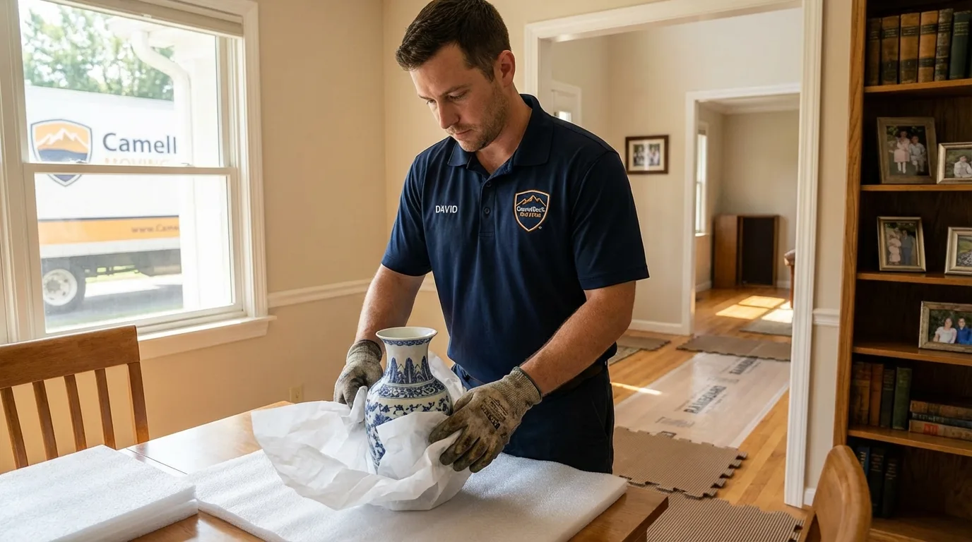 Professional crew carefully wrapping antique vase for senior downsizing move in Dolgeville, NY