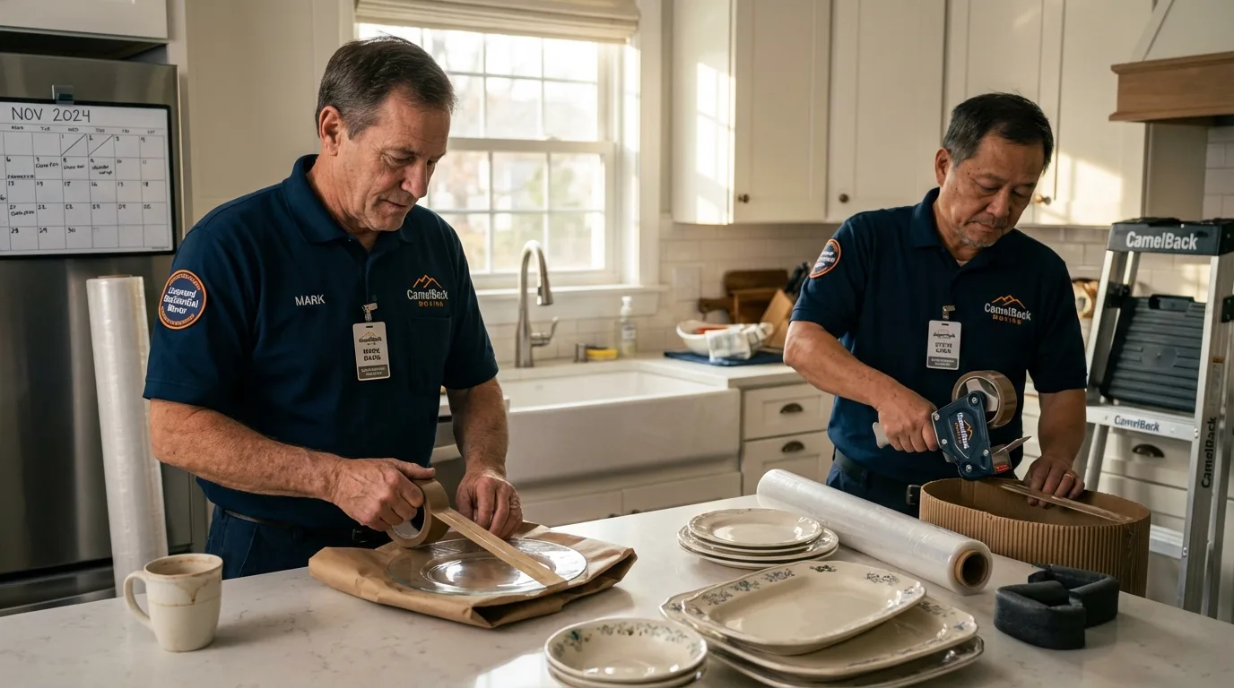 Professional crew packing kitchen dishware in Dolgeville, NY